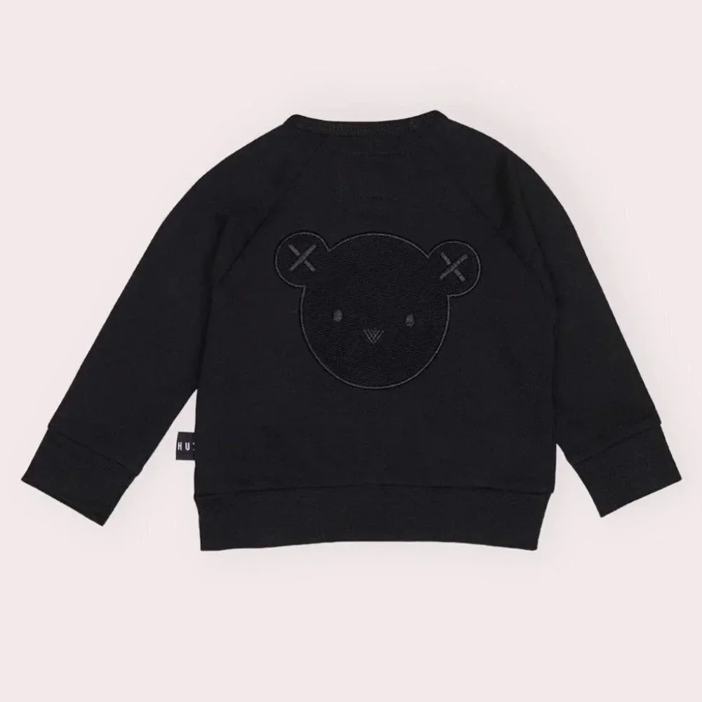 Huxbaby‎ sweat jacket black zip front bear appliqué collarless size 4 years
